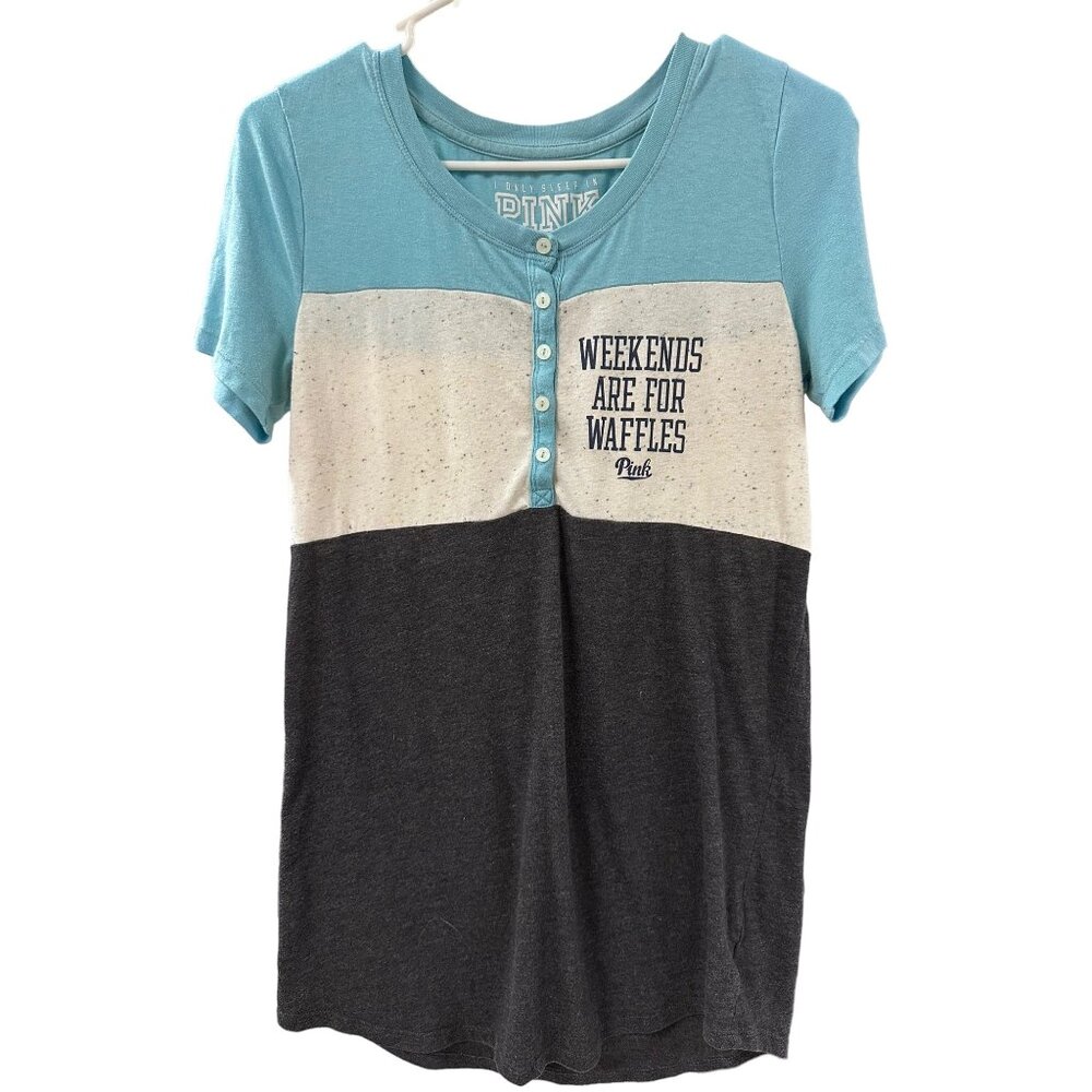 🌸3/$15🌸Victoria Secret Pink Color Block Tee Weekends are for Waffles sz XS